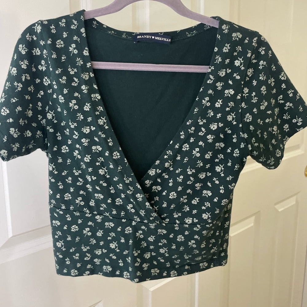 Brandy Melville green floral crossover tee